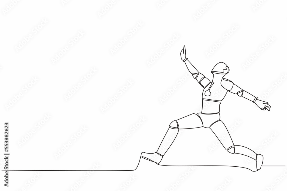 Poster single one line drawing of happy robot jumping with spreads both legs and raise one hand. future art