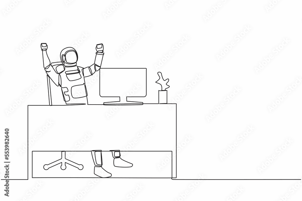 Poster single one line drawing happy astronaut sitting with raised hands near desk computer. successful lau