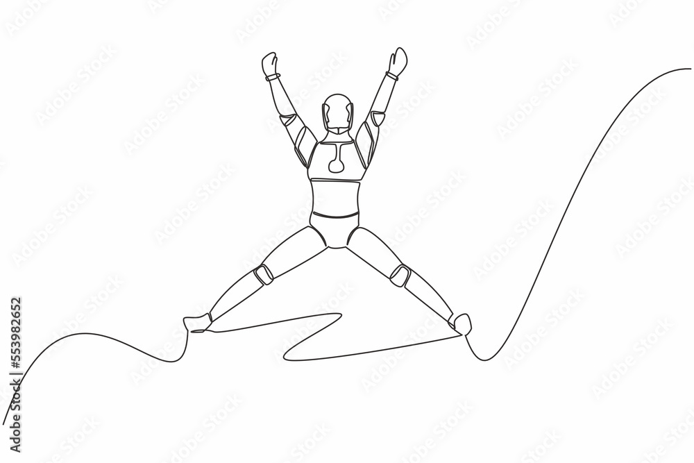 Poster single one line drawing happy robot jumping with raised his arms and legs. success tech business pro