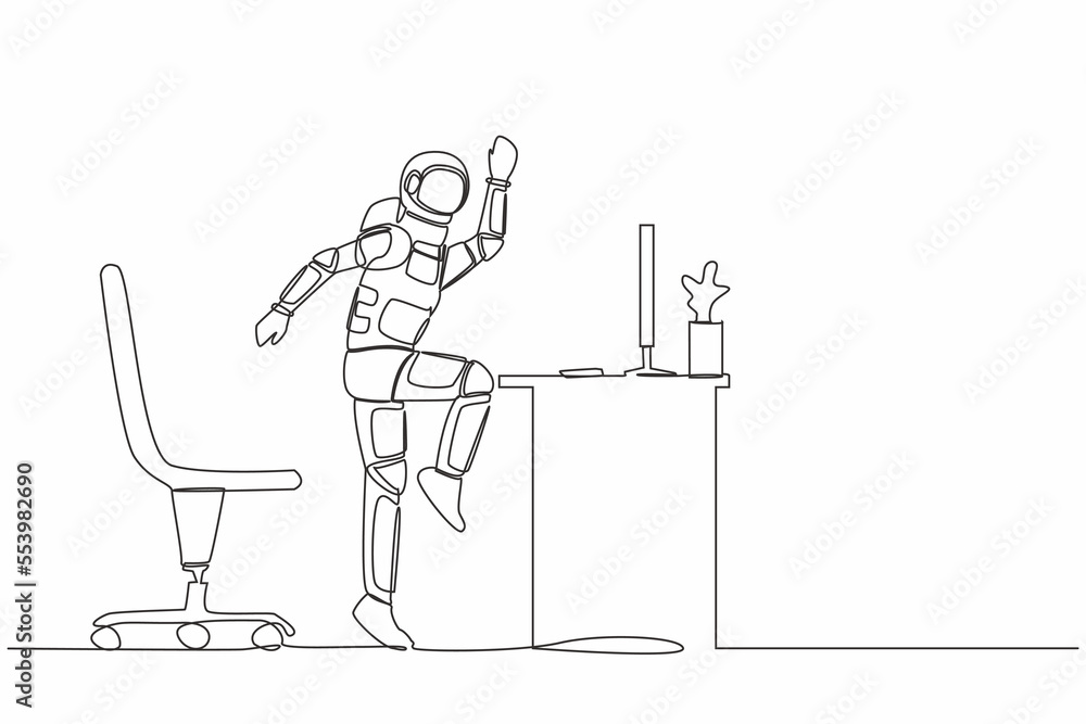 Poster single continuous line drawing happy astronaut jumping and dancing on his computer desk. celebrating