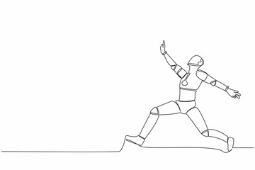 Single one line drawing of happy robot jumping with spreads both legs and raise one hand. Future artificial intelligence. Modern technology industry. Continuous line graphic design vector illustration