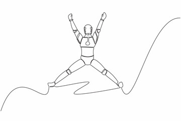 Single one line drawing happy robot jumping with raised his arms and legs. Success tech business project. Artificial intelligence. Technology industry. Continuous line draw design vector illustration