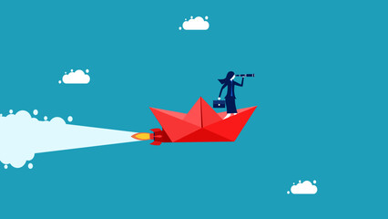 Female Leader Flying in Paper Boat Looking for Business Opportunity vector