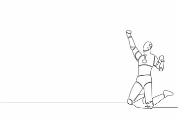Continuous one line drawing happy robot kneeling with raised one hand high and raised other. Humanoid cybernetic organism. Future robot development. Single line draw graphic design vector illustration