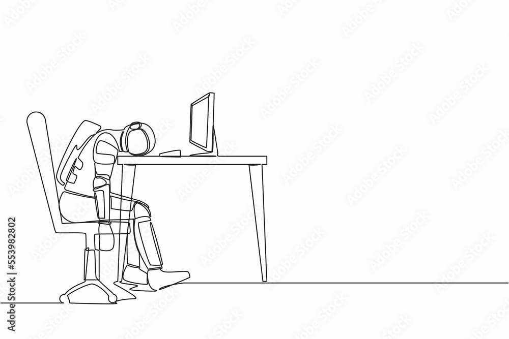 Poster continuous one line drawing exhausted young astronaut sitting with head down on desk. tired spaceman