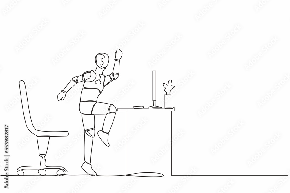 Poster single continuous line happy robot jumping and dancing on his workplace, computer desk. celebrating 