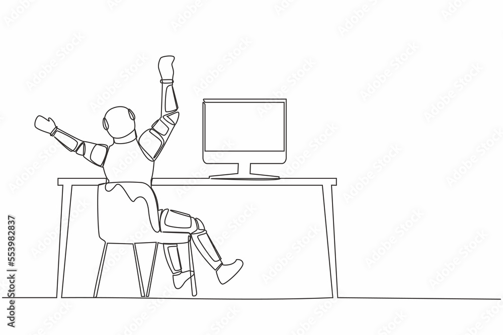 Poster single one line drawing back view of happy astronaut completed task and triumphing with raised hand 