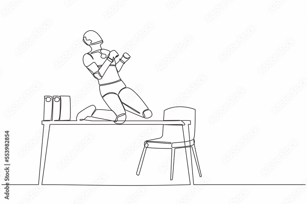 Poster single continuous line happy robot kneeling with celebrating goal pose on table desk. future technol
