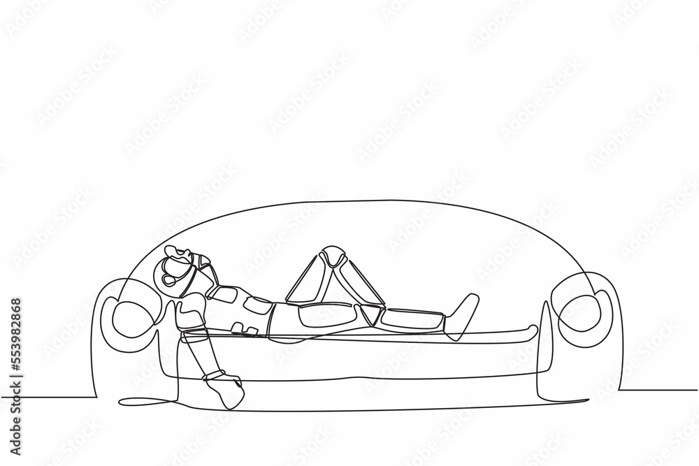 Poster single continuous line drawing depressed astronaut holding his head lying on sofa. stressed and anxi