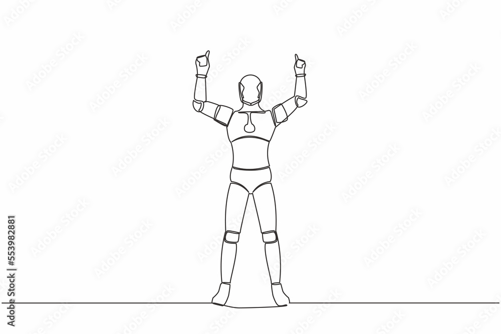 Poster single continuous line happy robot standing with both hands pointing index fingers up. celebrate win