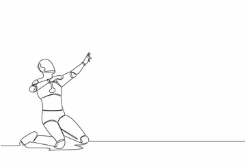 Continuous one line drawing happy robot kneeling with celebrating goal pose. Success business project. Humanoid cybernetic organism. Future robotic. Single line draw graphic design vector illustration