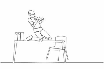 Single continuous line happy robot kneeling with celebrating goal pose on table desk. Future technology. Artificial intelligence machine learning process. One line design vector graphic illustration