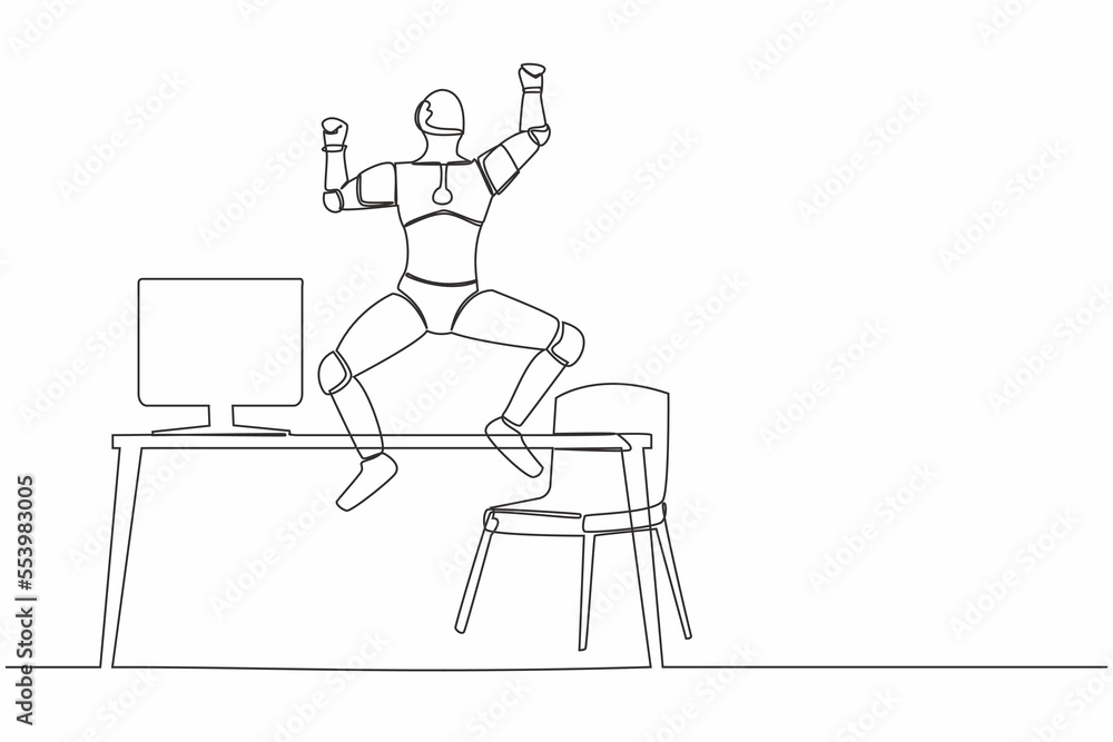 Poster single continuous line happy robot jumping with raised hands near desk workplace. modern robotic dev
