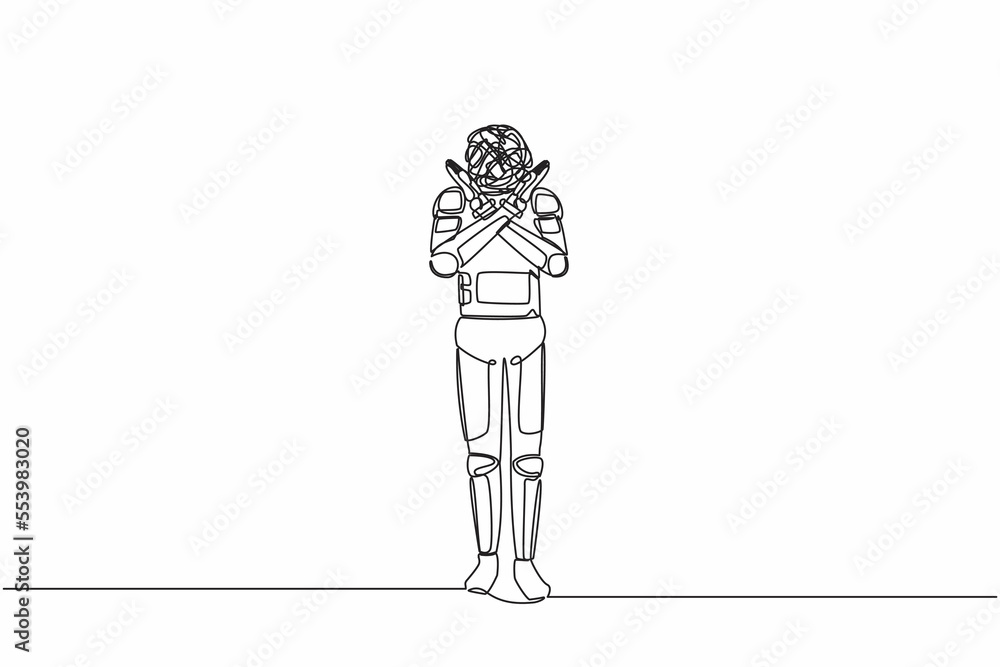Poster continuous one line drawing young astronaut with round scribbles instead of ahead, making x symbol, 