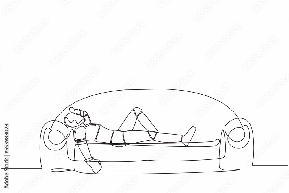 Aufkleber continuous one line drawing of frustrated robot holding his head lying on sofa. stressed and anxiety