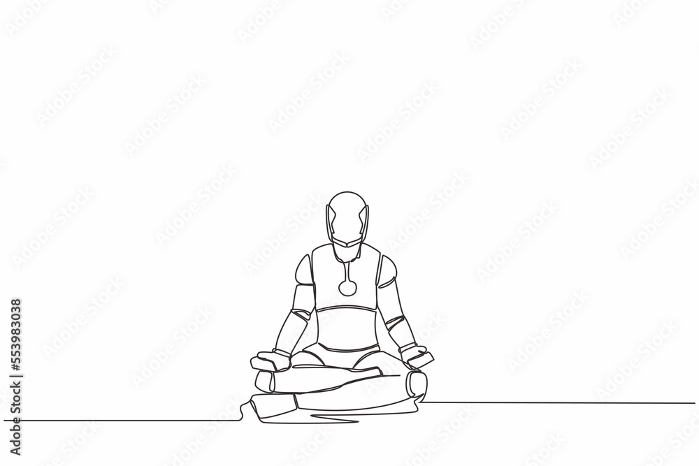 Poster single one line drawing happy robot sitting with yoga pose, meditation. relaxed robotic operation. a