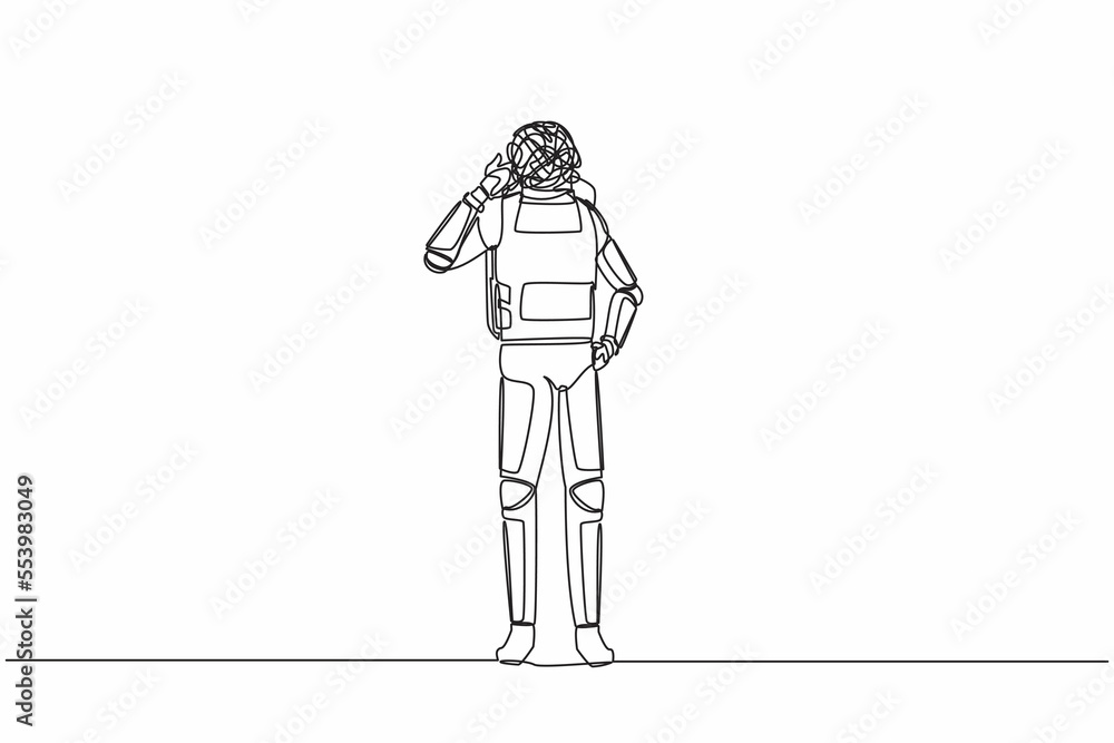 Poster continuous one line drawing young astronaut with round scribbles instead of head, showing thumbs up 