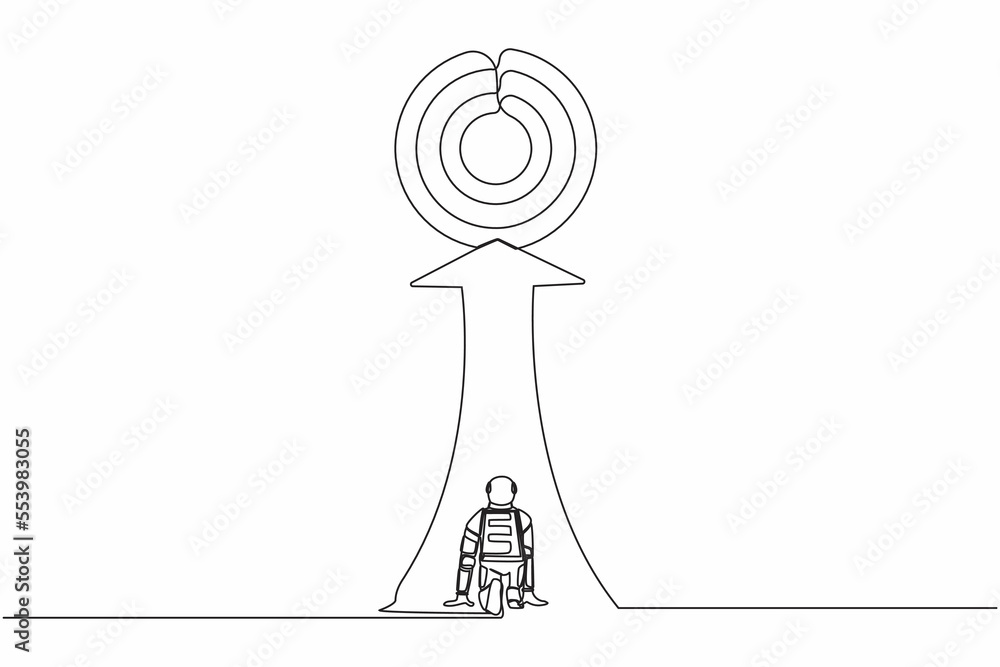 Poster Continuous one line drawing back view astronaut ready to run to big target board at end of route. Future space tech development. Cosmonaut outer space. Single line graphic design vector illustration