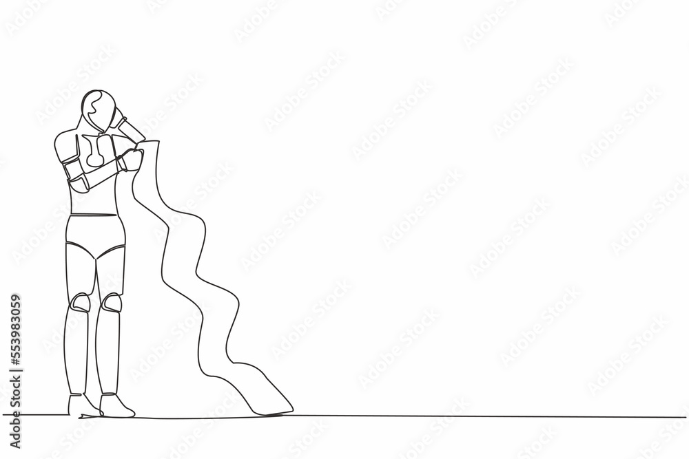 Poster single one line drawing robot standing think about finding money for paying bills during crisis. rob