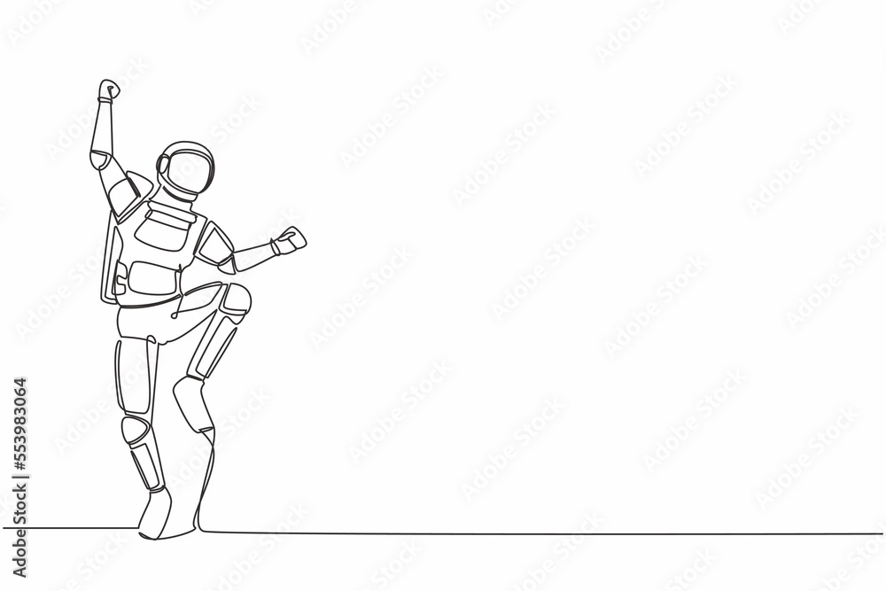 Poster single one line drawing of happy astronaut jump with folds one leg and raises one hand. winning spac