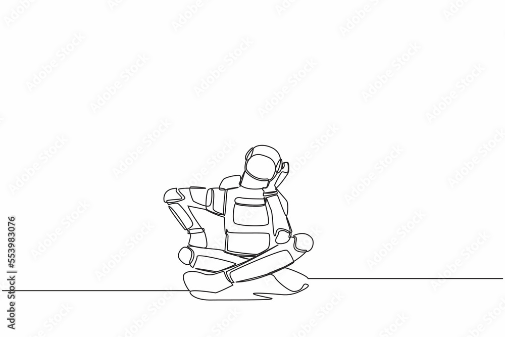 Poster continuous one line drawing young astronaut sitting with support his head and confused because get i