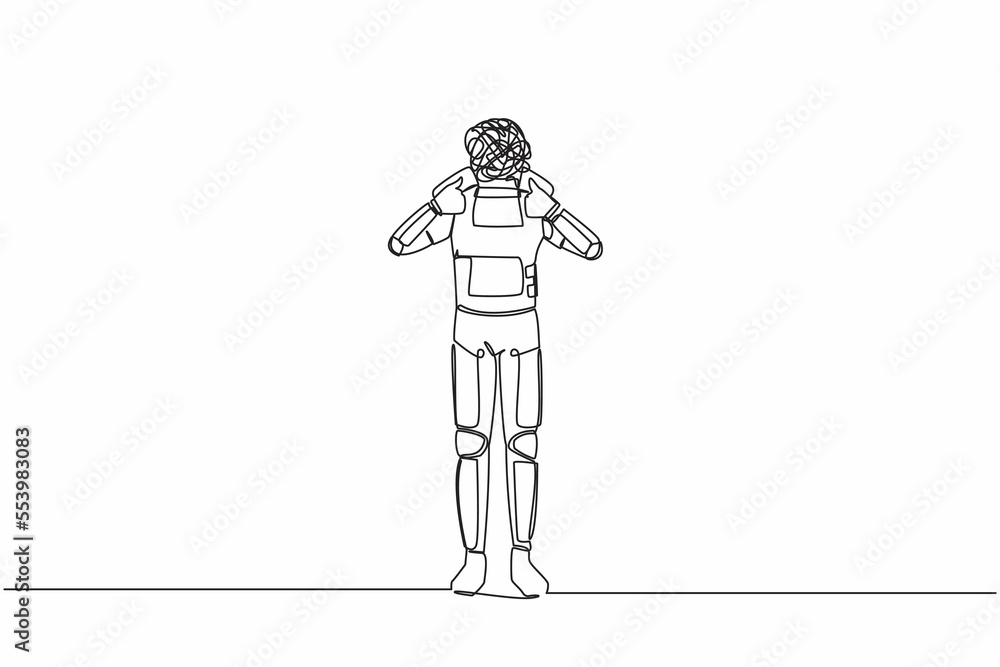 Poster single continuous line drawing astronaut with round scribbles instead of head. confused spaceman sho