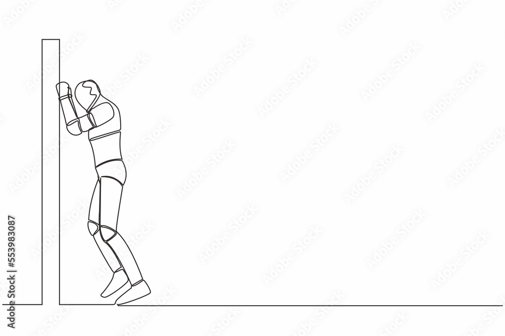 Poster single continuous line drawing robot crying sad lost opportunity. depressed with wailing on the wall