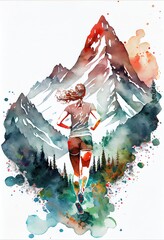Woman trail runner in the mountains. Beautiful painting with smudge, drips and spatter. Generative art