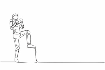Single one line drawing young astronaut standing with raised one leg and doing yes gesture. Happy successful planet exploration. Cosmic galaxy space. Continuous line graphic design vector illustration