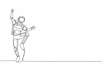 Single one line drawing of happy astronaut jump with folds one leg and raises one hand. Winning spaceship business project. Cosmic galaxy space. Continuous line draw graphic design vector illustration