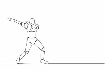 Single continuous line happy robot standing with crossing arms and look down. Future robotic development. Artificial intelligence machine learning process. One line design vector graphic illustration