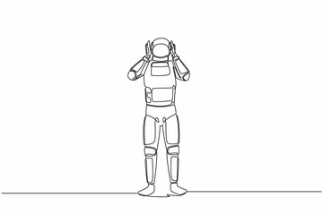 Obraz premium Single continuous line drawing of astronaut has headache, hands on his head, migraine, pain head due to spacecraft company bankruptcy. Cosmonaut deep space. One line graphic design vector illustration