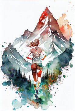 Woman trail runner in the mountains. Beautiful painting with smudge, drips and spatter. Generative art