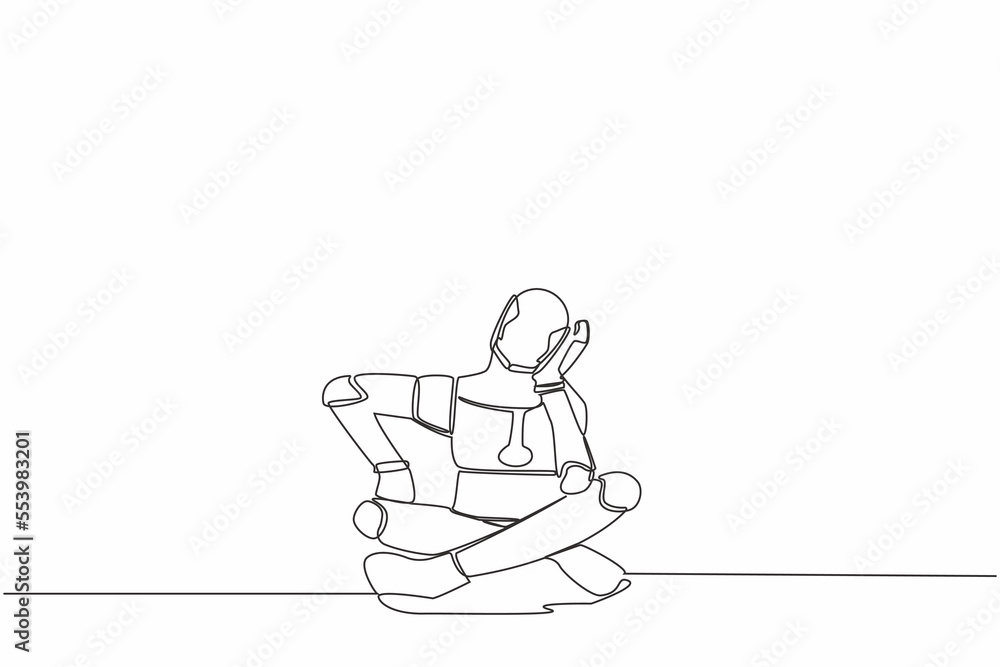 Poster single one line drawing robot sitting with support his head and confused because get into problem. r