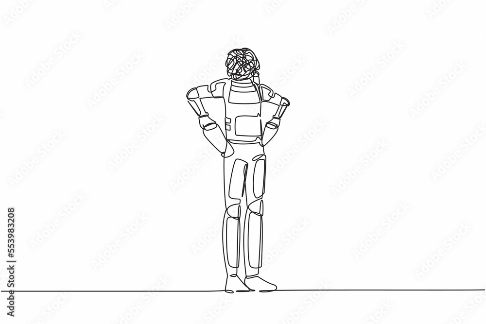 Poster continuous one line drawing astronaut with round scribbles instead of head. spaceman with pockets tu
