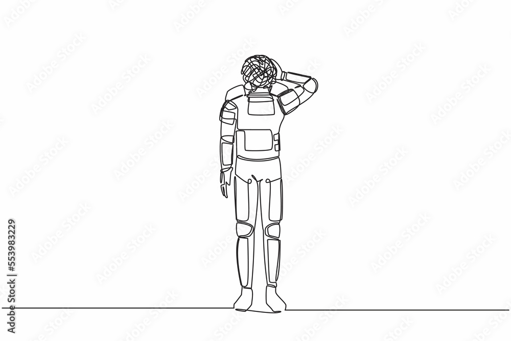 Poster single continuous line drawing young astronaut with round scribbles instead of head, suffer headache