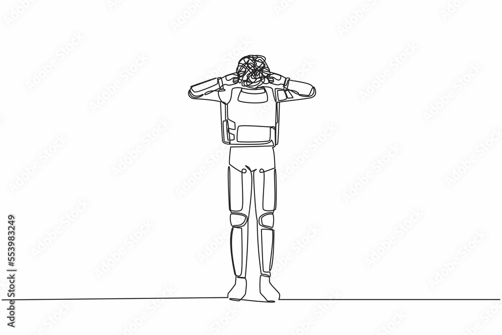 Poster continuous one line drawing young astronaut with round scribbles instead of head, covering ears with