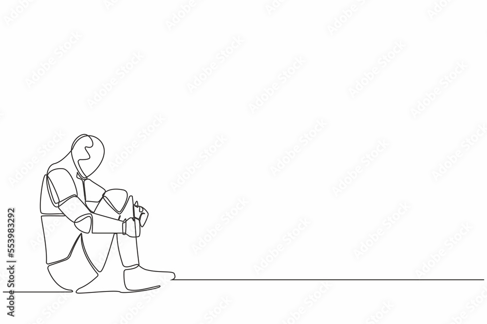 Poster single continuous line drawing depressed robot suffer emotion sadness melancholy sitting in despair 