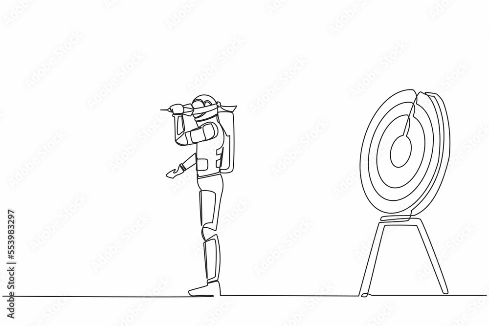 Poster continuous one line drawing young astronaut using blindfold and shoot dart on wrong target. failed s