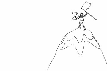 Single one line drawing astronaut lifting up trophy and flag on top of mountain. Win and reach goal in spaceship industry. Cosmic galaxy space. Continuous line draw graphic design vector illustration