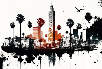 Obraz premium The skyline of Casablanca, Morocco, is depicted in this artwork. It has a white backdrop and is used to portray the idea of business travel and tourism. Generative AI