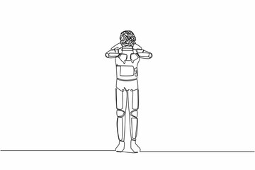 Continuous one line drawing astronaut with round scribbles instead of head, showing thumbs down sign, dislike, negative expression. Cosmonaut outer space. Single line draw design vector illustration
