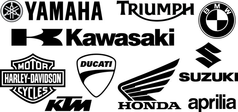 Motorcycle Brand Logo Set. Yamaha, Honda, Ducati, Kawasaki, Triumph, BMW, Harley-Davidson, Suzuki, Aprilia KTM.  PNG image