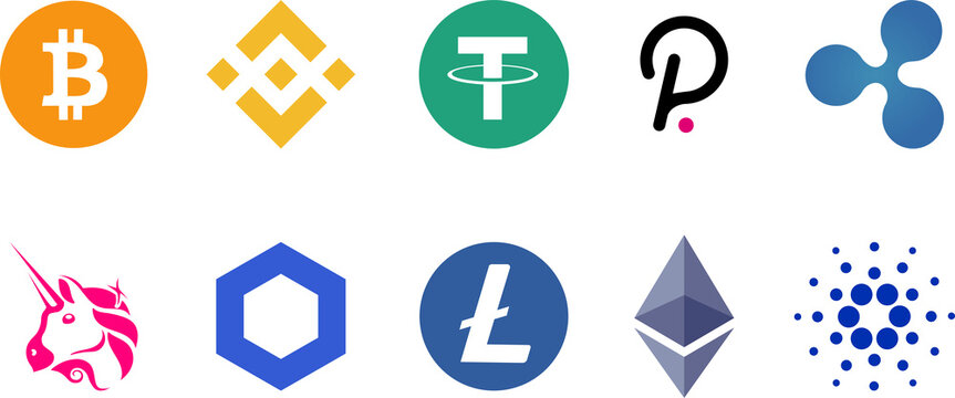 Set of cryptocurrency icon. Bitcoin, Ethereum, Binance, Tether, XRP, Polkadot, Cardano, Uniswap, Litecoin Chainlink.  PNG image