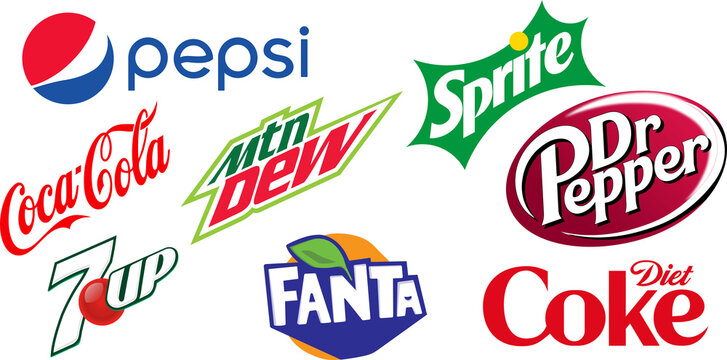Set of 8 Soft Drinks: Pepsi, Coca-Cola, Sprite, Fanta, Dr Pepper, Diet Coke, Mountain Dew, 7UP.  PNG image