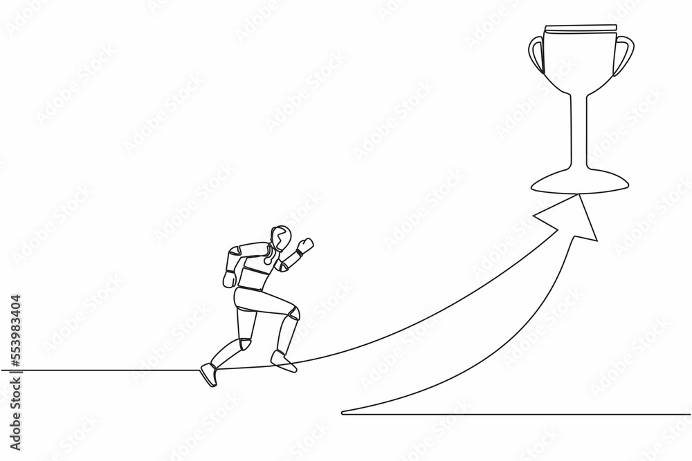 Poster single continuous line drawing of robot running on forward arrow to get trophy. robotic artificial i