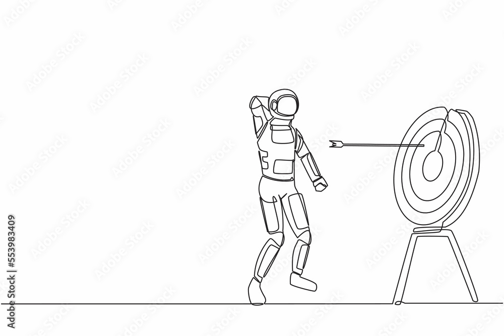 Poster single continuous line drawing confused astronaut with arrow missed at target. failed in launching r