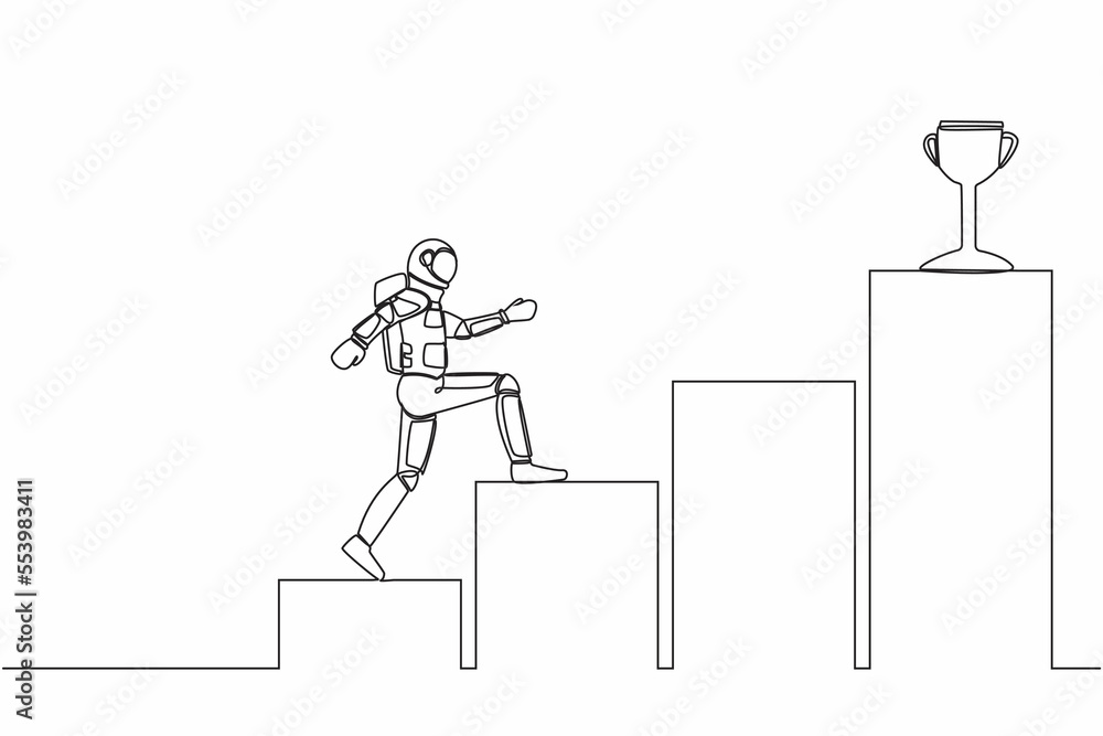 Poster single continuous line drawing of young astronaut run on graph staircase to get trophy. way to achie
