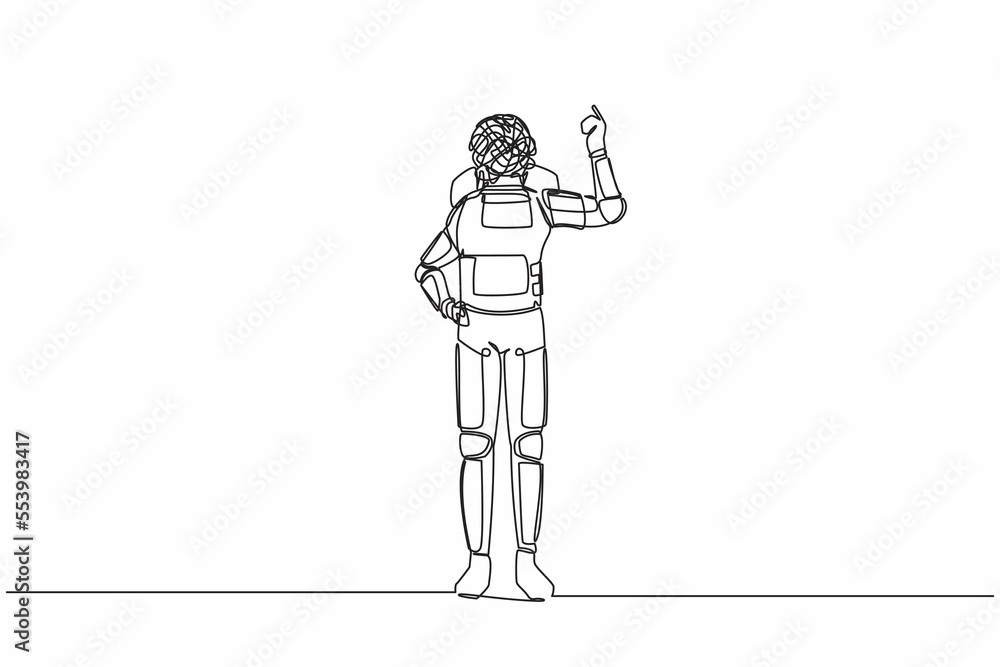 Poster single one line drawing astronaut with round scribbles instead of head, showing index finger, repres