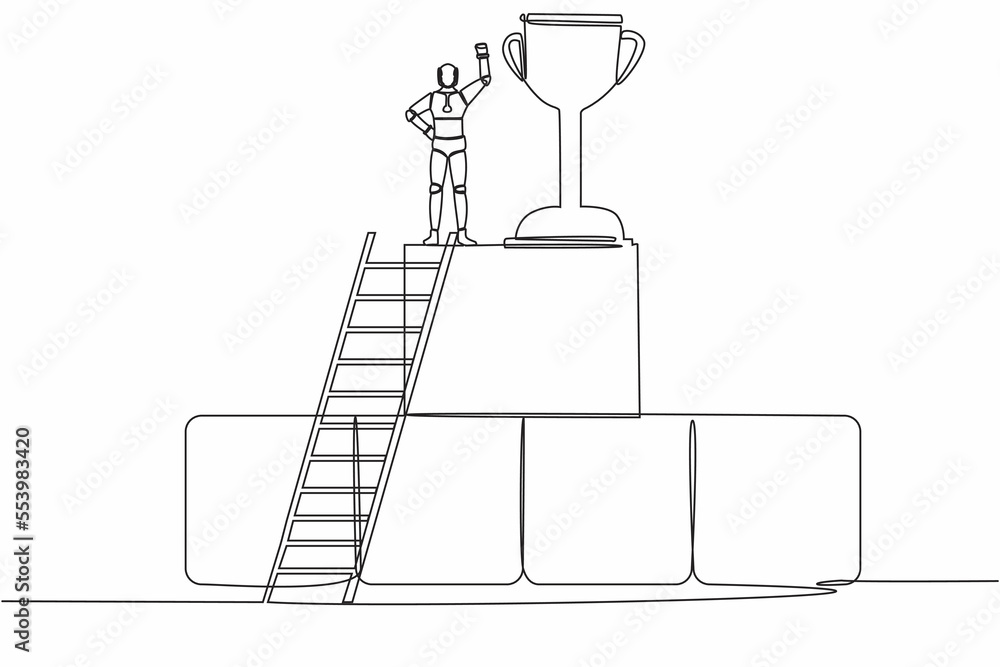 Poster single one line drawing robot climb ladder and standing with fist up gesture on big graphic bar besi